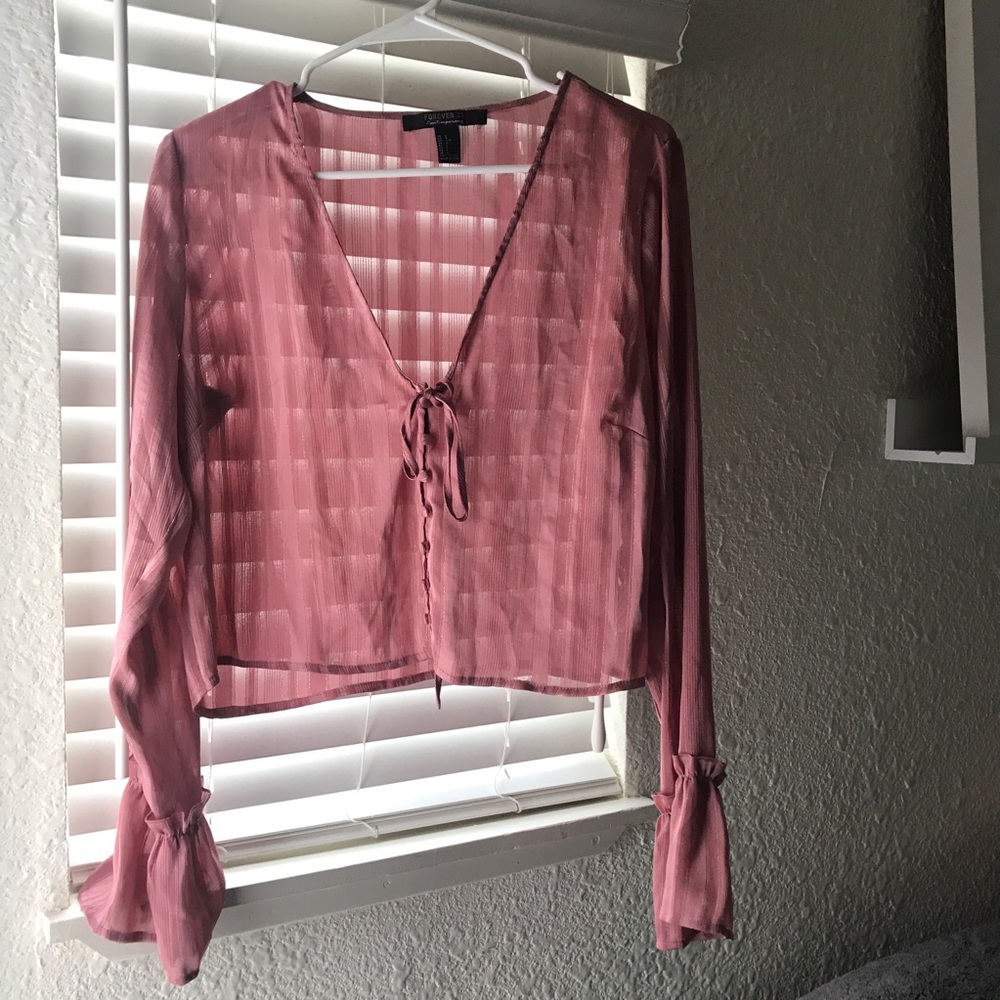Sheer long sleeve stripe crop button up top